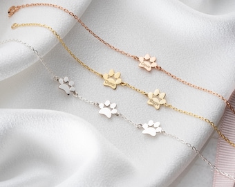 Engraved Paw Print Bracelet, Personalized Dog Paw Bracelet, Gold Tiny Paw Bracelet, Gift for Pet Lovers, Paw Name Bracelet, Dog Lover Gift