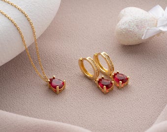 Sierlijke robijnrode ketting robijnrode oorbellen set, rode robijnrode peer ketting hoepel oorbellen set, robijn cadeau voor haar, robijn gouden peer ketting oorbellen