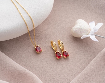 Tiny Ruby Gemstone Necklace Earrings, Drop Ruby Chooker Set, Birthstone Jewelry, Dainty Ruby Necklace, Minimalist Ruby Pendant, Gift For Her