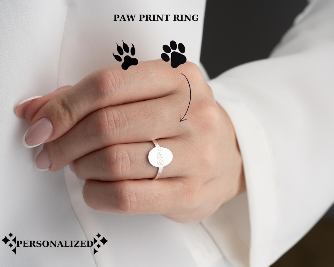 Silver Paw Print Ring, Personalized Pet Name Ring, Custom Fingerprint Ring, Cat Print Jewelry ...