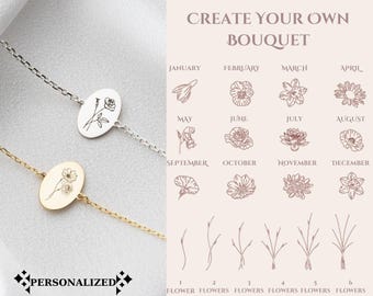 May include: A silver and gold necklace with an oval pendant featuring a personalized flower bouquet. The pendant can be customized with different flowers representing each month of the year. The image shows a selection of flowers for each month, along with a variety of stem options to create a unique bouquet.