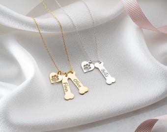 Silver Dog Bone Necklace and Paw Charm, Custom Dog Name Bone and Paw Necklace, Dog Bone Paw Charm Necklace, Gift for Pet Lovers Jewelry