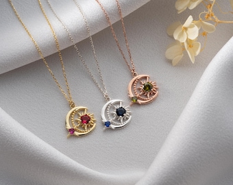 Birthstone Sun Moon Necklace , Celestial Elegance Gift, Sunburst Necklace, Crescent Moon Pendant, Gold Sun Necklace, Astrology Jewelry Gift
