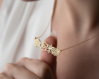 Halsband för familjefödsel med blombukett, halsband för flerbarnsfödsel, personligt silverhalsband för födelse med blombukett, födelsemånad, familjegåva