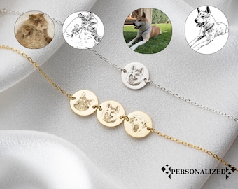 Silver Custom Pet Portrait Bracelet, Personalized Pet Memorial Gifts Dog Photo Bangle, Engraved Cat Portrait, Cat Photo Jewelry, Pet Lovers