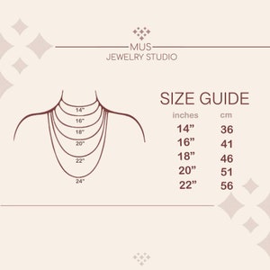 May include: A size guide for necklaces, showing different lengths in inches and centimetres. The guide shows lengths from 14 inches to 24 inches, with corresponding measurements in centimetres.