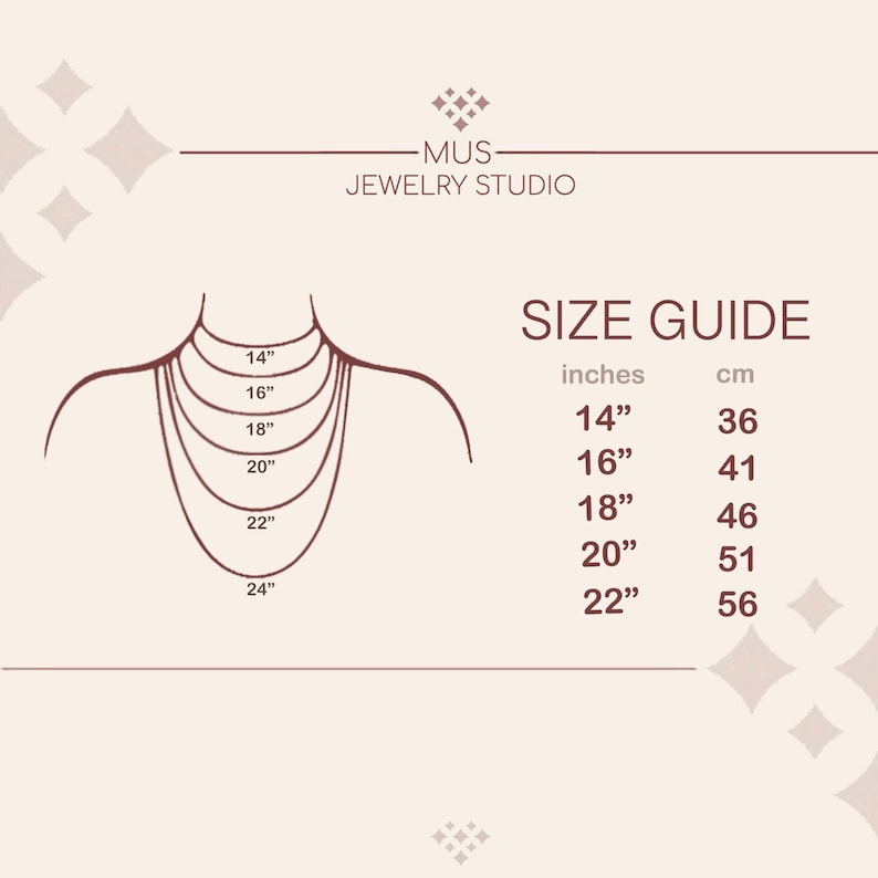May include: A size guide for necklaces, showing different lengths in inches and centimetres. The guide shows lengths from 14 inches to 24 inches, with corresponding measurements in centimetres.