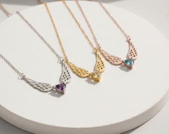 Angel Wings Necklace with Birthstone, Dainty Gold Angel Wing Birthstone Necklace, Angel Wing Jewelry, Christmas Gift