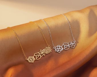 Personalisierte Geburtsblumenstrauß-Halskette, 14 Karat Gold, Familienschmuck