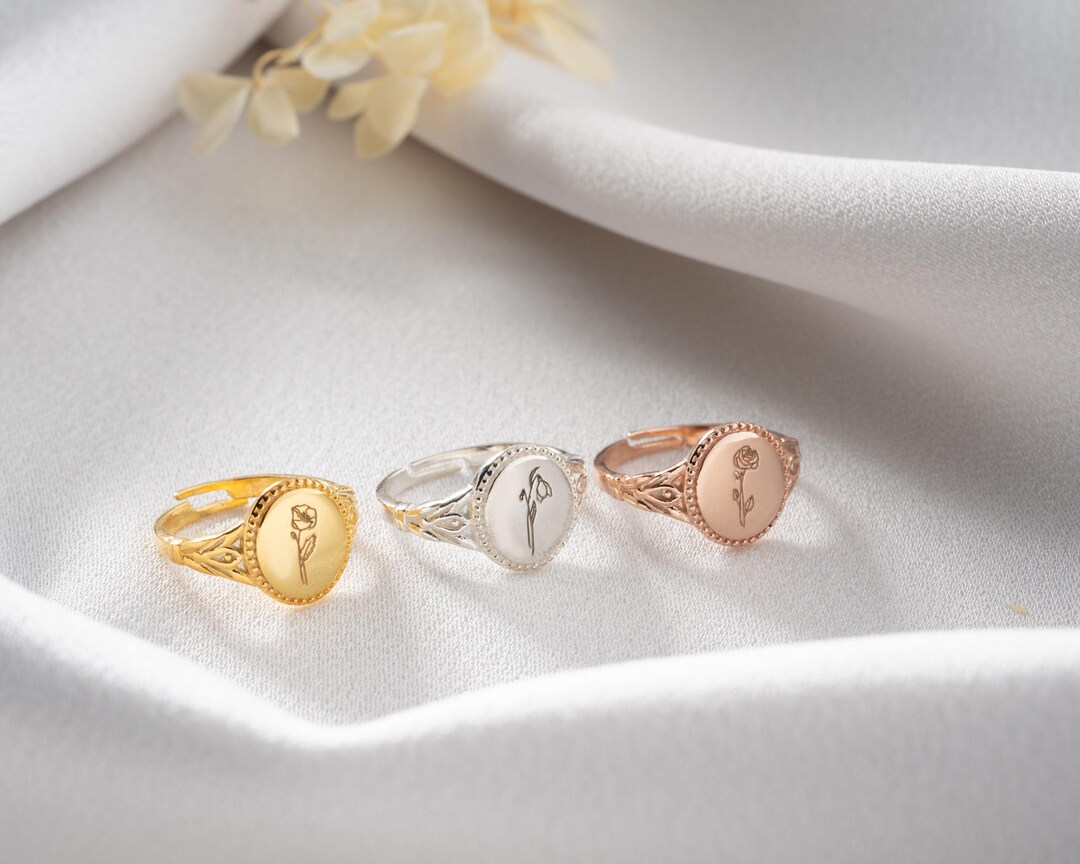 Personalized Birth Flower Ring, Statement Flower Rings. Sterling Silver ...