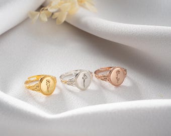 パーソナライズされた誕生花リング、ステートメントフラワーリング。スターリングシルバーの誕生花リング、女性向けのカスタム誕生月フラワージュエリーギフト