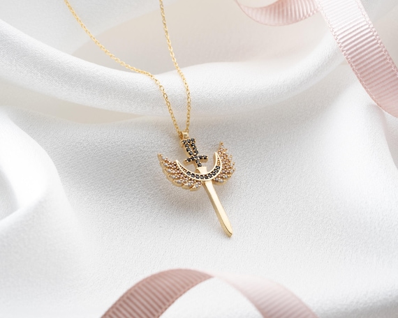 Silver St. Michael Necklace Sword, Gold Rising Wings Pendant Necklace, Religious Angel Pendant, Archangel Sword Necklace