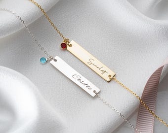 Dainty Engraved Name Bar Bracelet, Engraved Name Bar Bracelet, Custom Name Bar Bracelet with Birthstone, Nameplate Bracelet, Christmas Gift