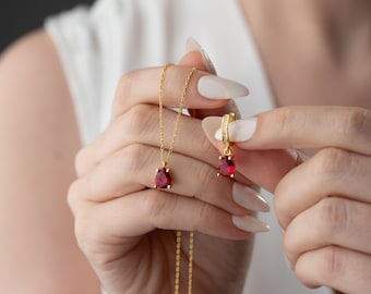 Ruby Necklace Ruby Earrings Set, Ruby Chooker Necklace Hoop Earrings Set, Red Ruby Beads Necklace, Gold Pear Ruby Necklace Earrings