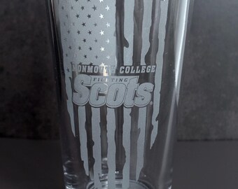 Monmouth College Engraved Pint Glass with USA Flag Design and Free Shipping - Fighting Scots Drinkware / Glassware