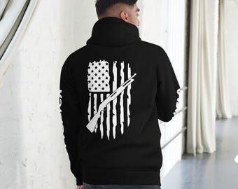Sudadera con capucha patriótica de escopeta con fondo de bandera estadounidense / Suéter de la Segunda Enmienda - Sudadera con capucha de la bandera estadounidense