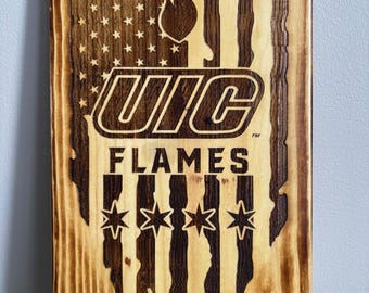 University of Illinois Chicago Sign ("UIC") with Flag Background