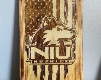 Northern Illinois University Sign ("NIU") with Flag Background