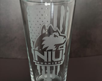 NIU Huskies Pint Glass - 16 oz American Flag Design - Official Northern Illinois University Glassware - Patriotic Barware