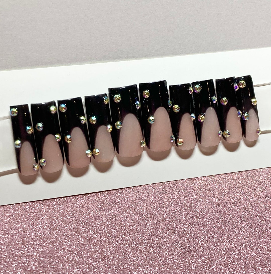 Black French Tip Nails Press on Nails Pressons - Etsy