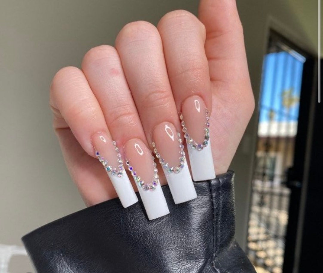 White French Tip Nails French Tip Press on Nails Diamond Etsy