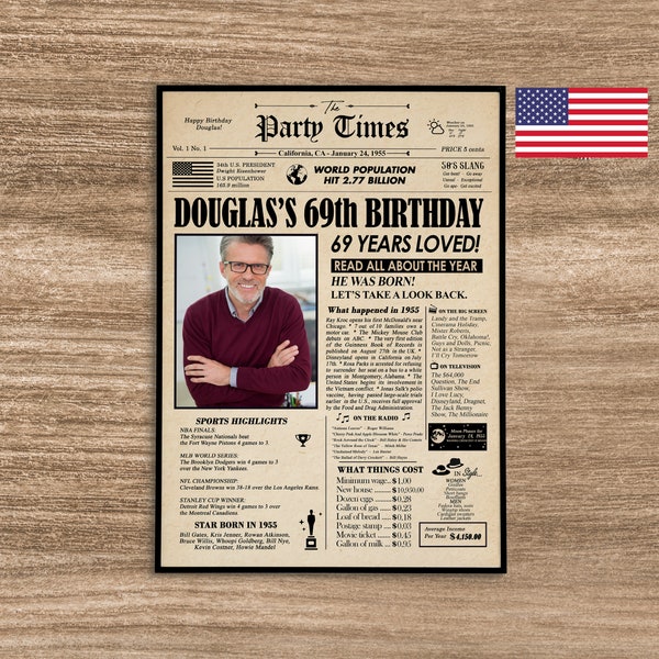 Personalized 69th Birthday Gift, 69th Birthday Newspaper Poster, Back in 1955, Printable Birthday Gift, 1955 newspaper, Digital Download