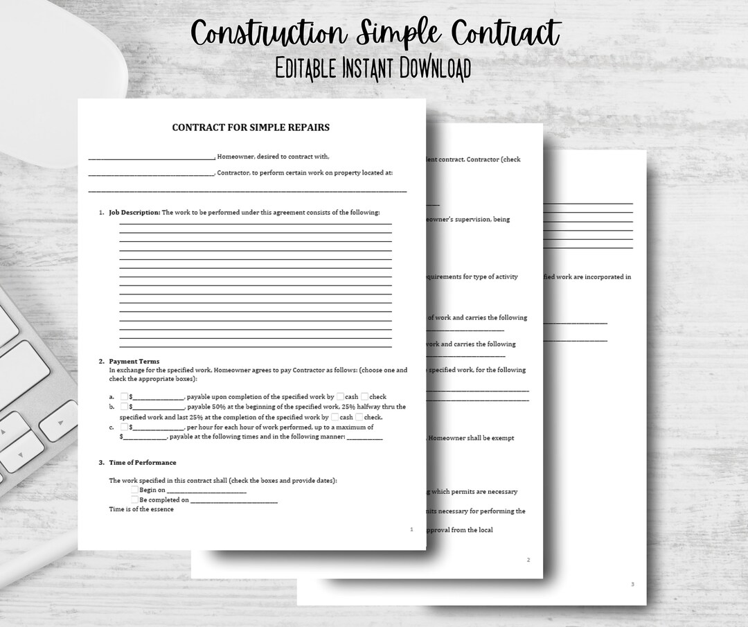 Construction Simple Contract Template Construction Handyman