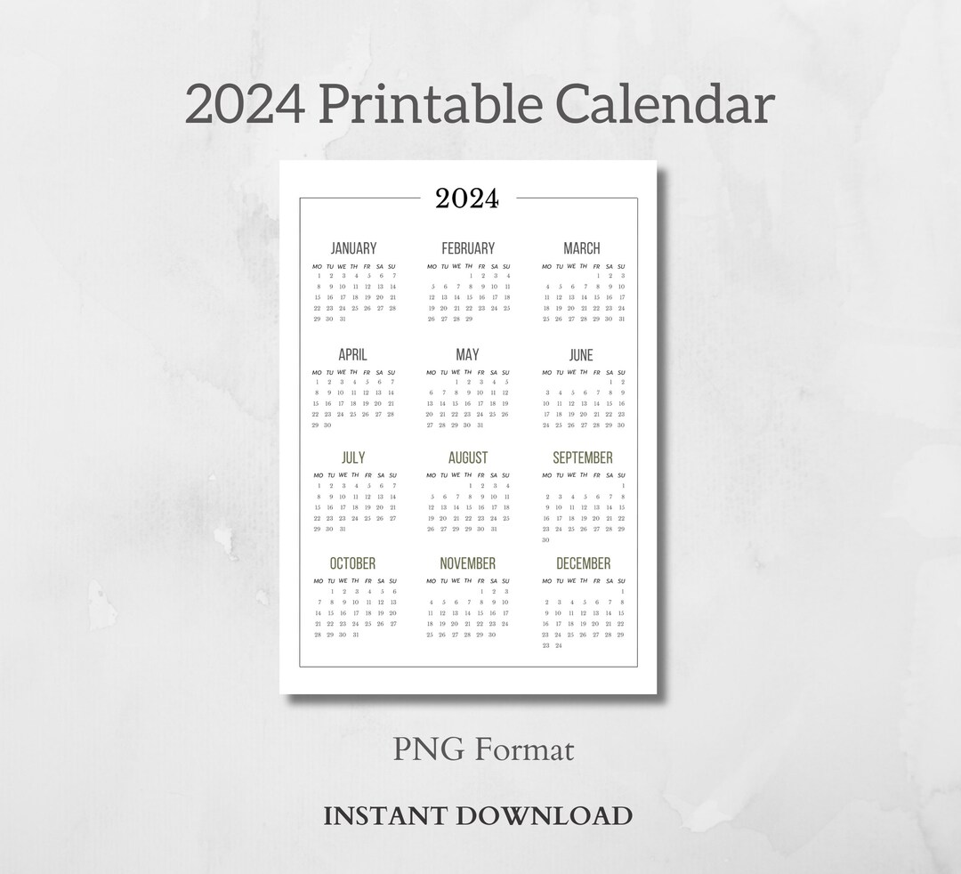 2024 Printable Calendar, 2024 Yearly Calendar 12 Months PNG, Blank