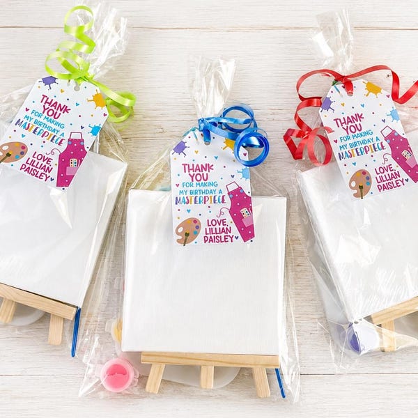 Kids Paint Party Favor Kit: Mini Canvas & Easel, Personalized Tag