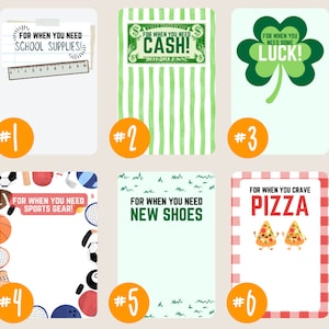May include: Six printable gift card holders with different themes. The first holder has a school supply theme with a ruler and the text "FOR WHEN YOU NEED SCHOOL SUPPLIES!" The second holder has a money theme with a dollar bill and the text "FOR WHEN YOU NEED CASH!" The third holder has a lucky theme with a green four-leaf clover and the text "FOR WHEN YOU NEED SOME LUCK!" The fourth holder has a sports theme with a basketball, soccer ball, baseball, tennis racket, hockey stick, and golf club and the text "FOR WHEN YOU NEED SPORTS GEAR!" The fifth holder has a shoe theme with the text "FOR WHEN YOU NEED NEW SHOES" The sixth holder has a pizza theme with two cartoon pizzas and the text "FOR WHEN YOU CRAVE PIZZA"