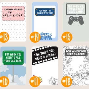 May include: A set of 6 printable cards with orange circles and numbers 13 through 18. Each card has a different illustration and text. The text on the cards includes "self-care", "Happy Shopping", "For when you want a new video game", "For when you need to fill your gas tank", "For when you need a break", and "For when you need snacks".