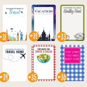 May include: Six colorful cards with different illustrations and text. The cards are numbered 31 through 36. The text on the cards includes "Travel", "Vacation", "Healthy Food", "Travel Home", "Crave a Salad", and "Body Care".