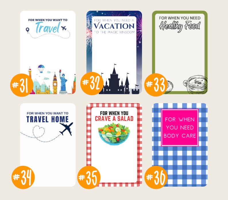 May include: Six colorful cards with different illustrations and text. The cards are numbered 31 through 36. The text on the cards includes "Travel", "Vacation", "Healthy Food", "Travel Home", "Crave a Salad", and "Body Care".