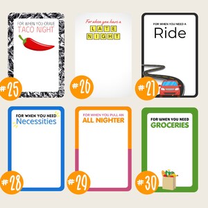 May include: Six colorful cards with numbers and text. The cards are for a game or activity. The text on the cards includes "Taco Night", "Late Night", "Ride", "Necessities", "All Nighter", and "Groceries".
