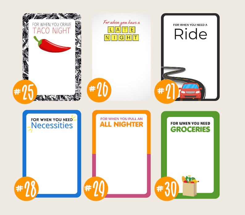 May include: Six colorful cards with numbers and text. The cards are for a game or activity. The text on the cards includes "Taco Night", "Late Night", "Ride", "Necessities", "All Nighter", and "Groceries".