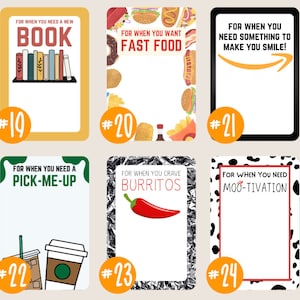 May include: Six colorful cards with different themes and text. Each card has a number in a circle in the bottom left corner. The cards are numbered 19 through 24. The cards are for a game or activity.