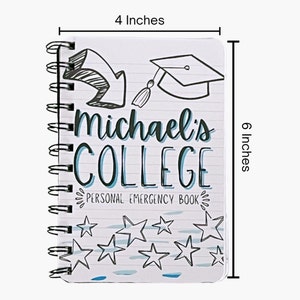 May include: A white spiral bound notebook with a blue and black design. The notebook is 4 inches wide and 6 inches tall. It has the text "michael's COLLEGE PERSONAL EMERGENCY BOOK" on the front.