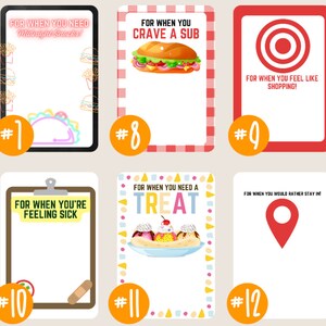 May include: Twelve illustrated cards with different food and activity themes. Each card has a number, a title, and a blank space for writing. The cards are designed for a game or activity.