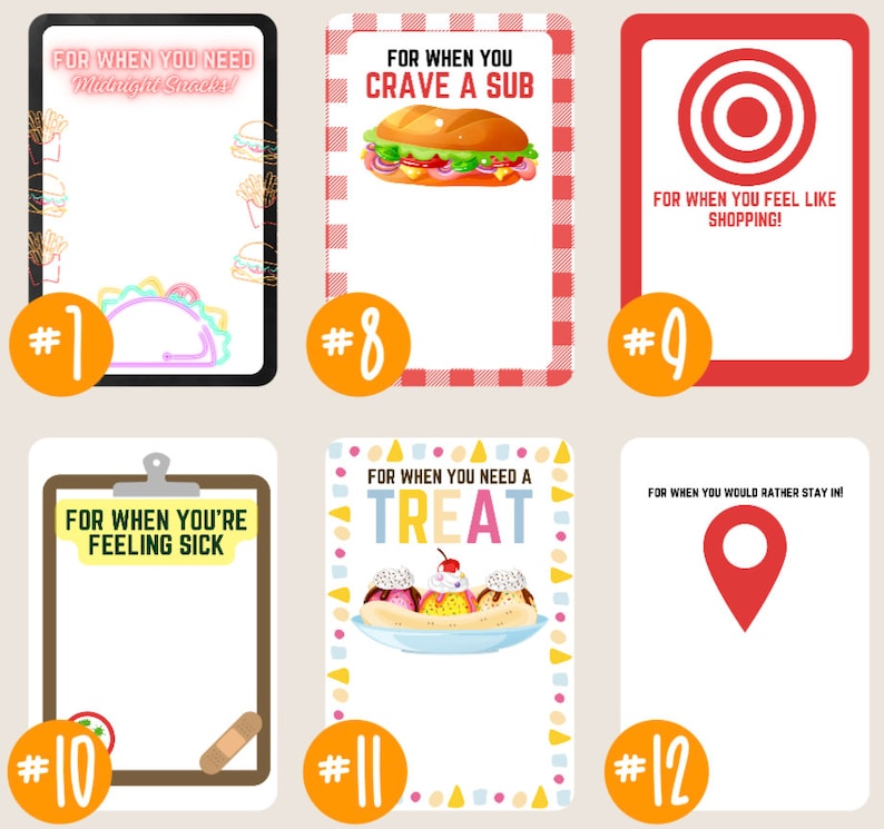 May include: Twelve illustrated cards with different food and activity themes. Each card has a number, a title, and a blank space for writing. The cards are designed for a game or activity.
