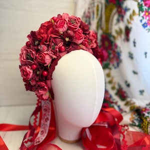 Red Flower Crown with Ribbons – Handmade Ukrainian Vinok, Traditional Folk Headpiece, Boho Floral Wreath