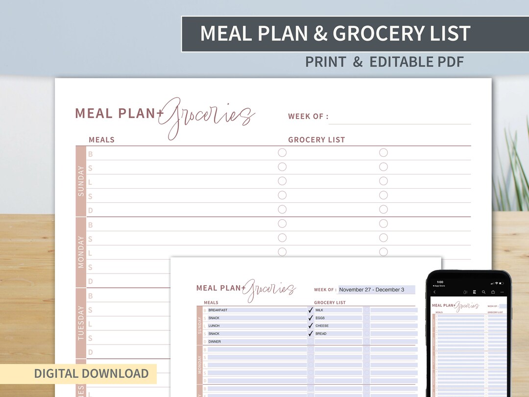 Editable Weekly Meal Planner and Grocery List. Printable and Editable ...