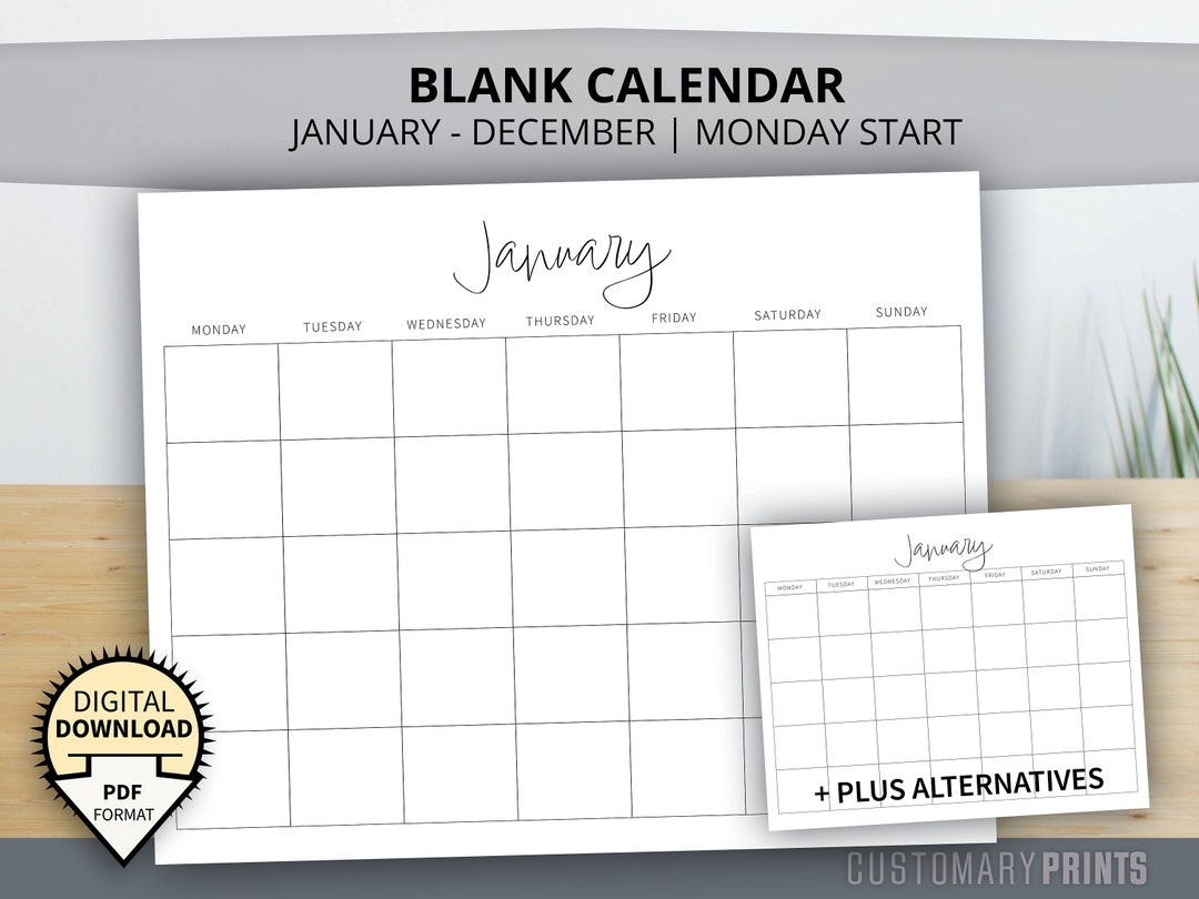 Blank Month Calendar. Monday Start January - December (12 Months ...
