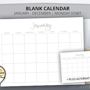 Blank Month Calendar. Monday Start January - December (12 months), Simple minimal horizontal printable calendar pages, PDF Instant Download