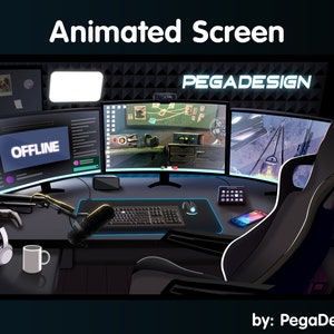 May include: A digital illustration of a gamer's setup with a black desk, a gaming chair, three monitors, a microphone, headphones, a keyboard, a mouse, a phone, and a mug. The monitors display a Twitch offline screen, a video game, and a space scene. The text "PEGADESIGN" is displayed on the wall behind the monitors.