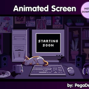 Stream animated screen | Pixel style | Retro desk | Cat Game room | Twitch stream screen