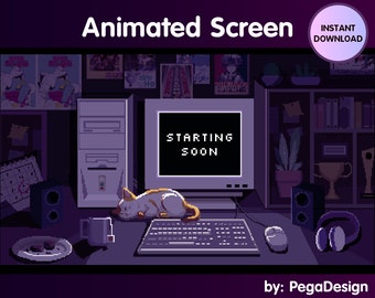 Stream animated screen | Pixel style | Retro desk | Cat Game room | Twitch stream screen