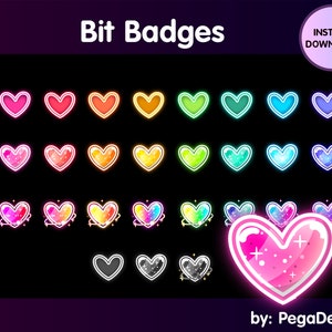 Può includere: Una collezione di badge digitali a forma di cuore in vari colori, tra cui rosa, arancione, verde e blu, con un contorno luminoso. Il testo "Bit Badges" è in alto, e "Instant Download" è in un cerchio. Immagine di PegaDesign.