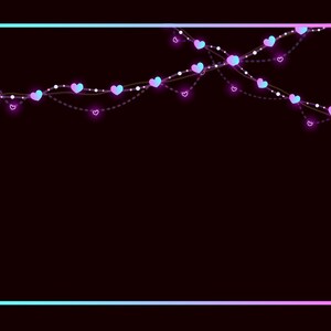 May include: A neon pink and blue frame with a string of pink and blue heart-shaped lights. The lights are strung on a white string with a dotted line pattern.