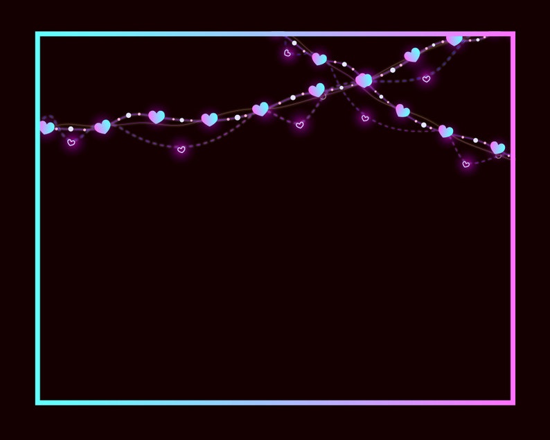 May include: A neon pink and blue frame with a string of pink and blue heart-shaped lights. The lights are strung on a white string with a dotted line pattern.