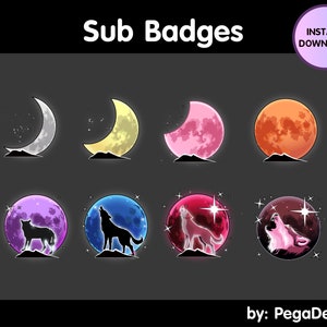 Pode incluir: Conjunto de oito emblemas digitais que apresentam uma lua crescente em várias cores com um lobo a uivar para a lua. As cores da lua incluem cinza, amarelo, rosa, laranja, roxo, azul, vermelho e castanho.